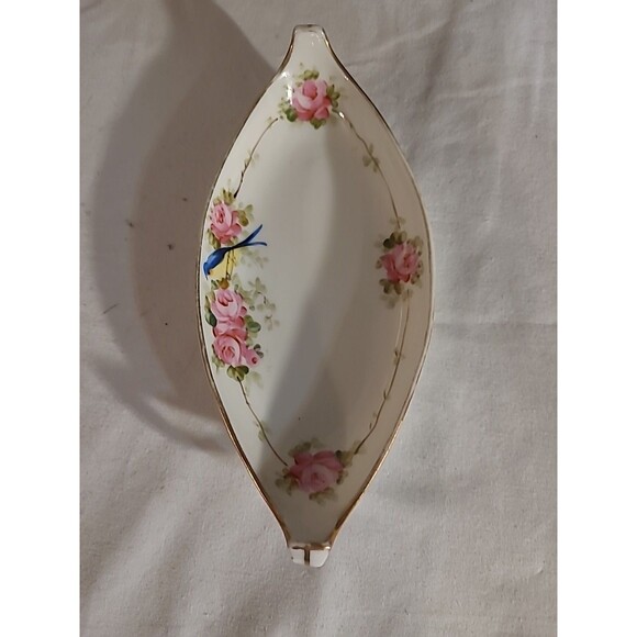 Nippon Handpainted China Trinket Dish 7.75" Pink Rose W/bluebird - Picture 4 of 11